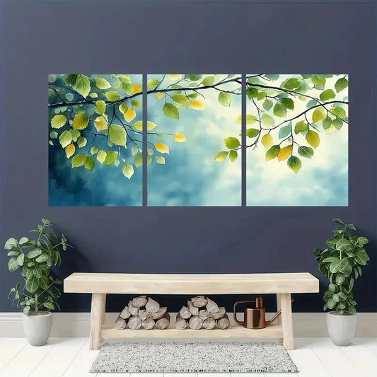 3pcs Green Leaves and Blue Sky Metal Print Ready to Hang Art