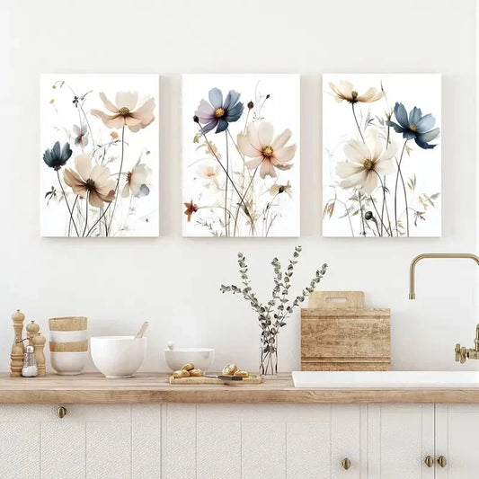 3pcs Watercolor Neutral Sober Botanical Flowers Metal Print Ready to Hang Art