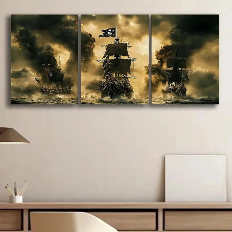 3pcs Pirate Ships Battle Rolled Metal Print Ready to Hang Art