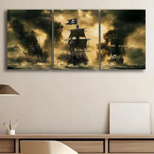 3pcs Pirate Ships Battle Rolled Metal Print Ready to Hang Art