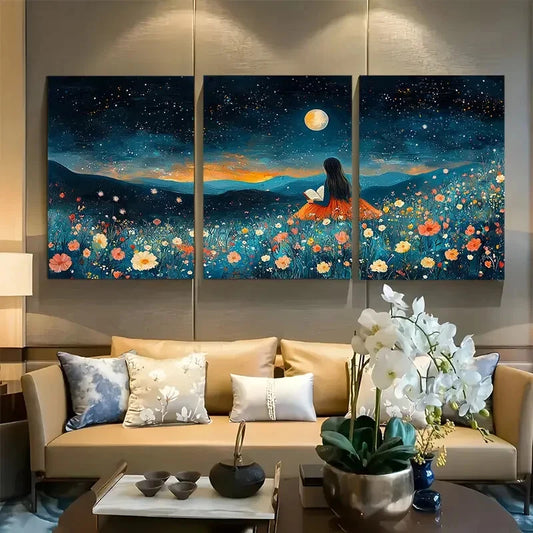 3pcs Young Girl Reading in a Vibrant Blue & Floral Metal Print Ready to Hang Art