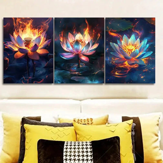 3pcs Illuminated for Lotus Flower Design Metal Print Ready to Hang Art