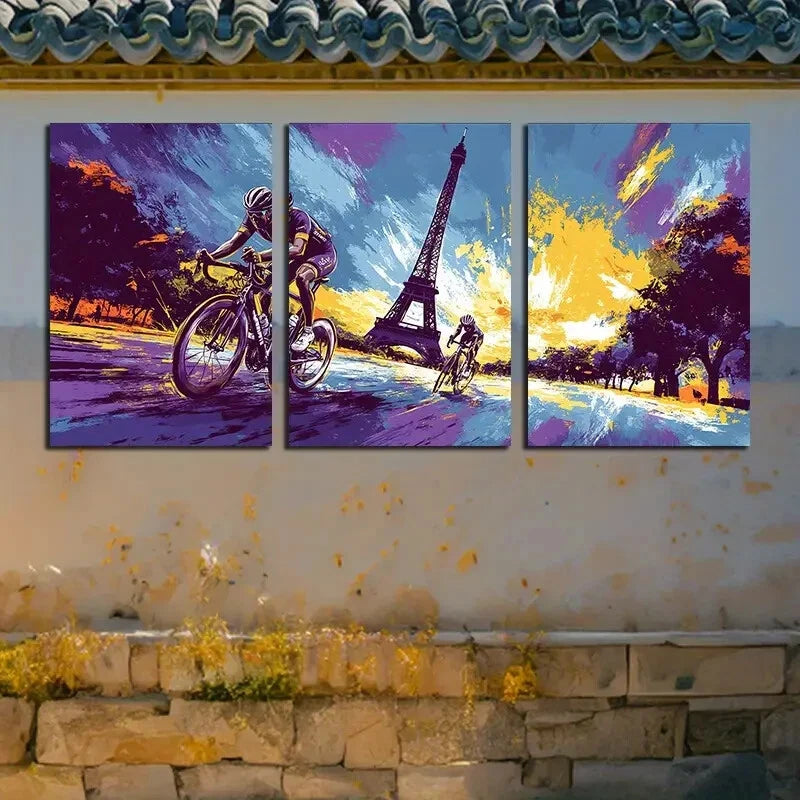 3pcs Cycling and Eiffel Tower Themed Metal Print Ready to Hang Art