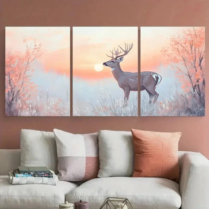 3pcs Graceful Deer under Soft Pastel Sunrise Wall Art Set Canvas Framed 50x70cm - High Quality Print 100% Australian Made Wall Canvas Ready to Hang