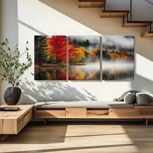 3pcs Autumn Colors Misty Lake & Vibrant Trees Wall Art Canvas Unframed - High Quality Print 100% Australian Made Wall Canvas