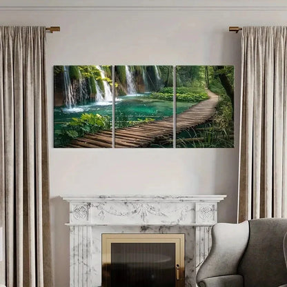 3pcs Waterfall Pond Wooden Pathway Metal Print Ready to Hang Art