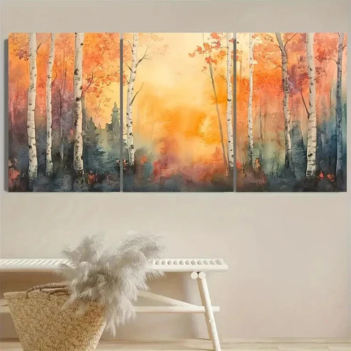 3pcs Vibrant Autumn Scene with Birch Trees Wall Art Set Canvas Unframed - High Quality Print 100% Australian Made Wall Canvas