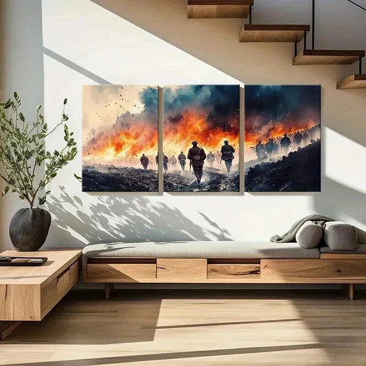 3pcs Warrior March on Fiery Battlefield Wall Art Set Canvas Framed 40x60cm - High Quality Print 100% Australian Made Wall Canvas Ready to Hang