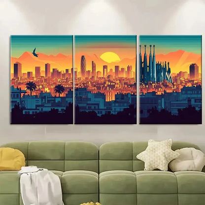 3pcs Vibrant Sunset Cityscape with Sagrada Metal Print Ready to Hang Art