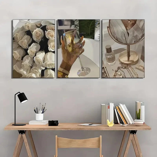 3pcs Posters White Rose Flower Vintage Art Metal Print Ready to Hang Art