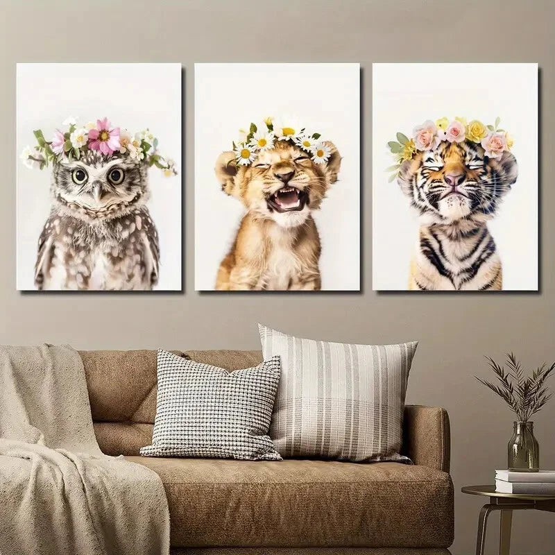3pcs Adorable Animal Floral Crowns Perfect Wall Art Set Canvas Framed 40x60cm - High Quality Print 100% Australian Made Wall Canvas Ready to Hang