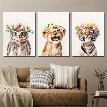 3pcs Adorable Animal Floral Crowns Perfect Wall Art Set Canvas Framed 40x60cm - High Quality Print 100% Australian Made Wall Canvas Ready to Hang