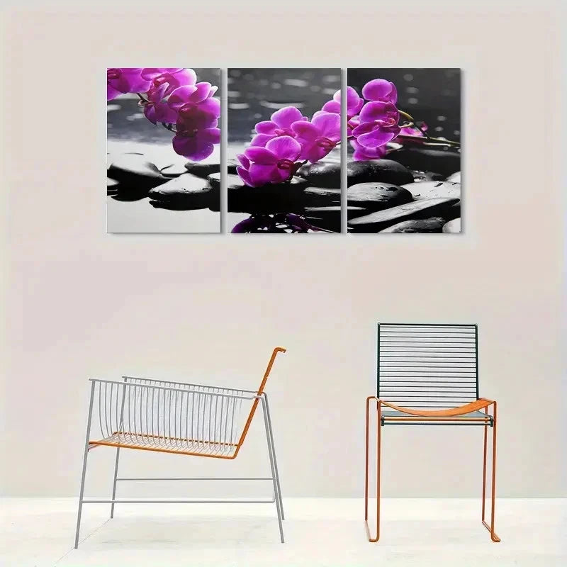 3pcs Purple Orchids on Black Rocks Wall Art Set Canvas Framed 50x70cm - High Quality Print 100% Australian Made Wall Canvas Ready to Hang