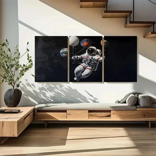 3pcs Floating Astronaut in Space with Planets Metal Print Ready to Hang Art