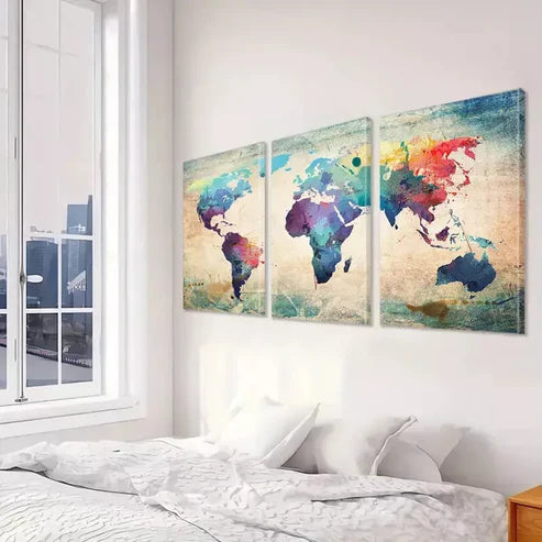 3pcs Colorful World Map Canvas Framed 60x90cm - High Quality Print 100% Australian Made Wall Canvas Ready to Hang