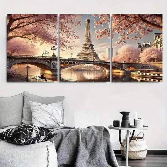 3pcs Paris Eiffel Tower Cherry Blossom Metal Print Ready to Hang Art