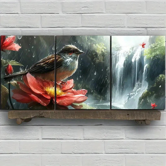 3pcs The Bird on the Petals Red Floral Metal Print Ready to Hang Art