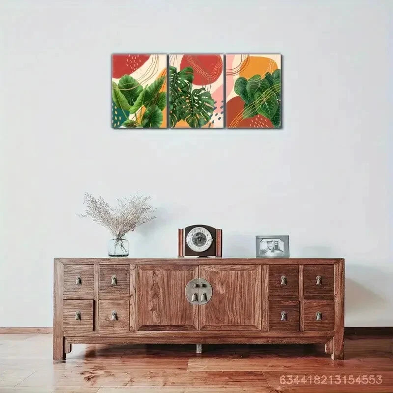 3pcs Green Plant Leaves and Line Geometric Metal Print Ready to Hang Art