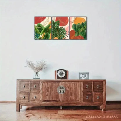 3pcs Green Plant Leaves and Line Geometric Metal Print Ready to Hang Art