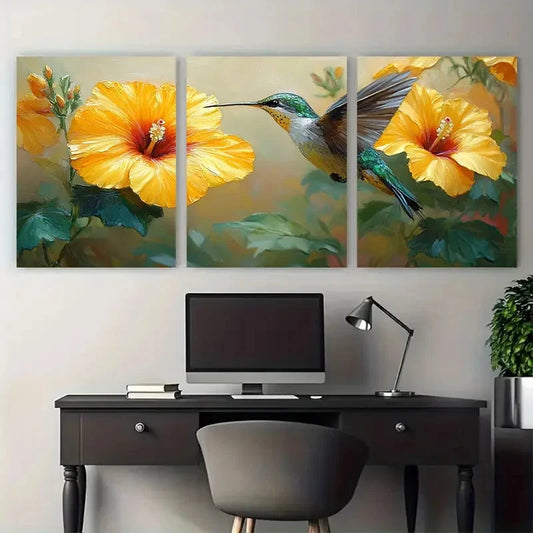 3pcs Vibrant Yellow Hibiscus Florals Hummingbird Metal Print Ready to Hang Art