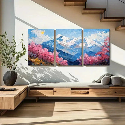 3pcs Snowy Mountain Landscape Pink Blossoms Metal Print Ready to Hang Art