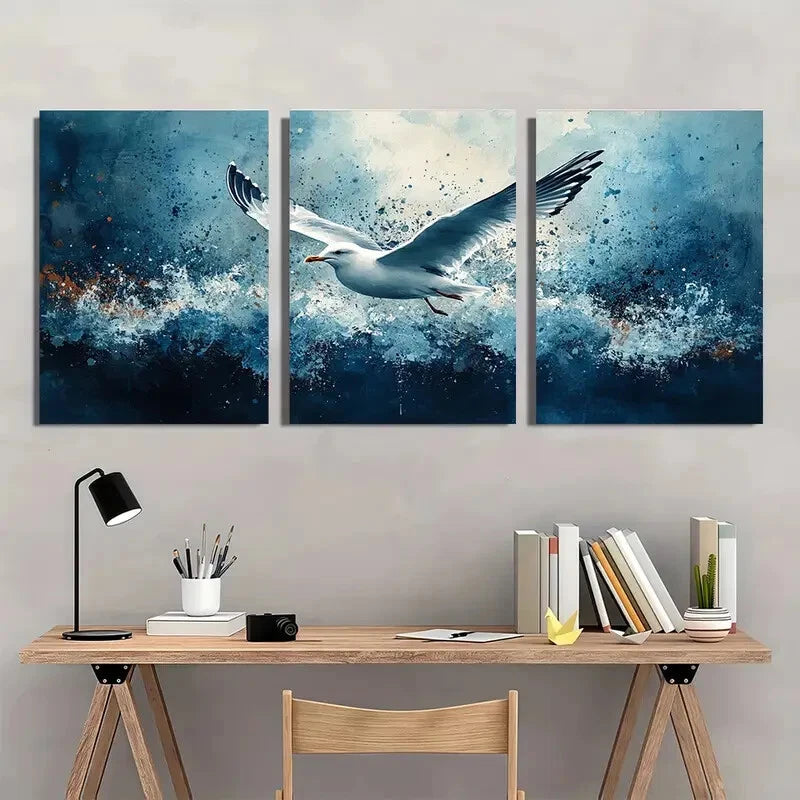 3pcs Coastal Seagull Watercolor Art Prints Metal Print Ready to Hang Art