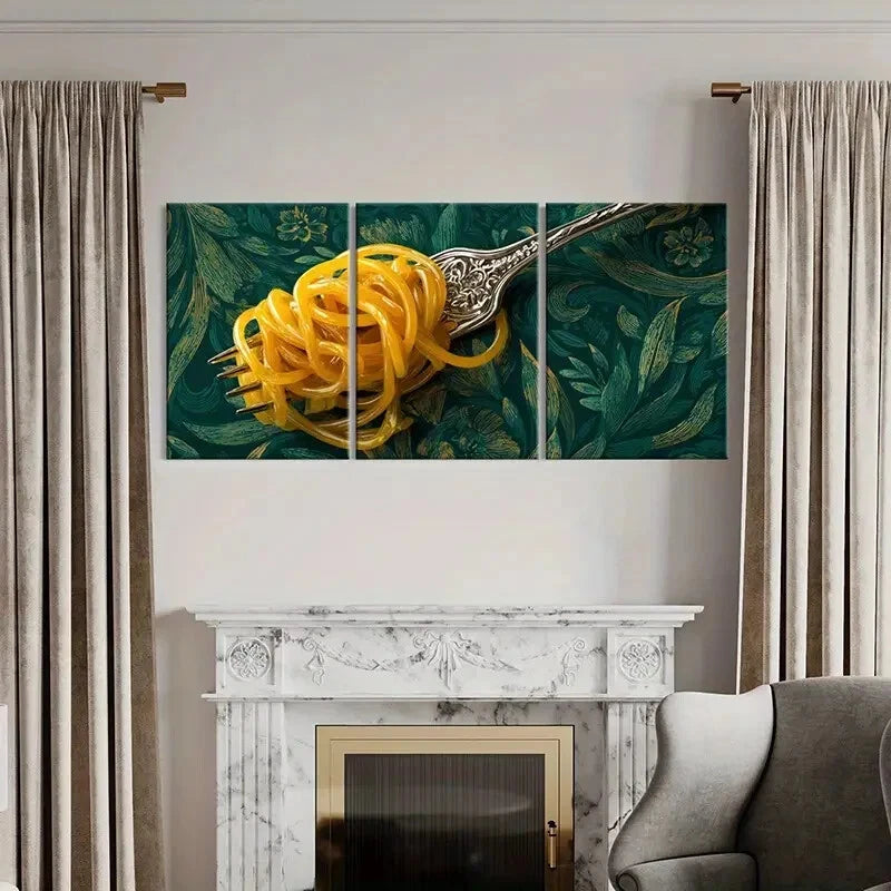 3pcs Elegant Silvery Fork Golden Noodles Metal Print Ready to Hang Art