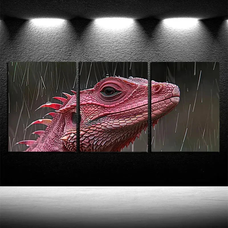 3pcs Vibrant Pink Salamander in Raining Scene Metal Print Ready to Hang Art