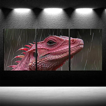 3pcs Vibrant Pink Salamander in Raining Scene Metal Print Ready to Hang Art