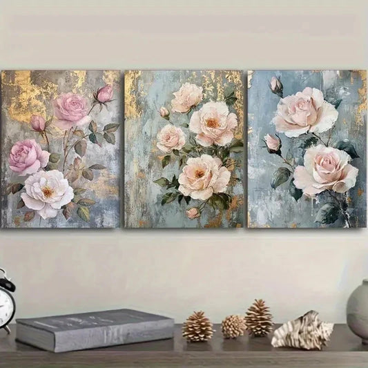 3pcs Elegant Pink and White Rose Art Prints Metal Print Ready to Hang Art