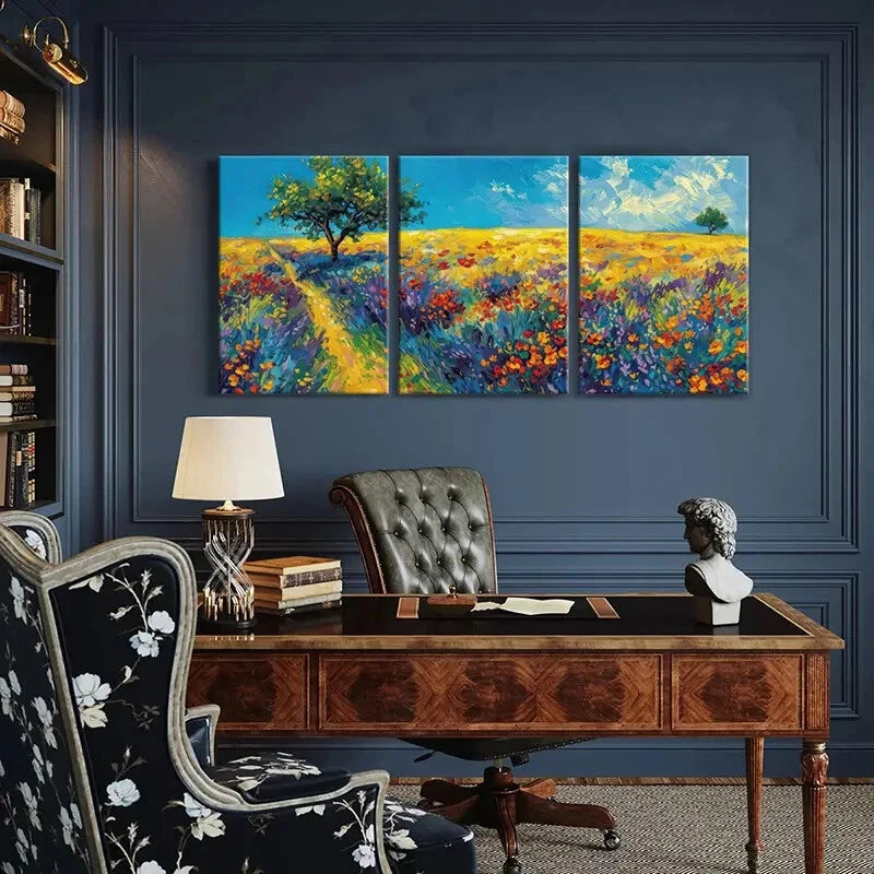 3pcs Colorful Flowers Tree Blue Sky & Clouds Metal Print Ready to Hang Art