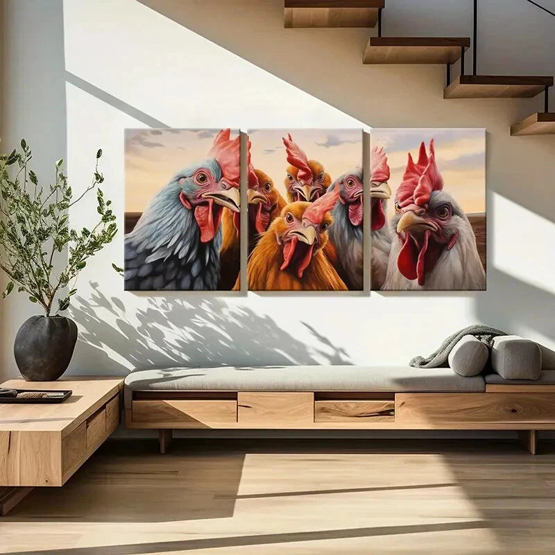 3pcs Roosters Colorful Feathers Sunset Sky Metal Print Ready to Hang Art