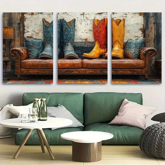 3pcs Cowboy Boots Rustic Farmhouse Design Metal Print Ready to Hang Art