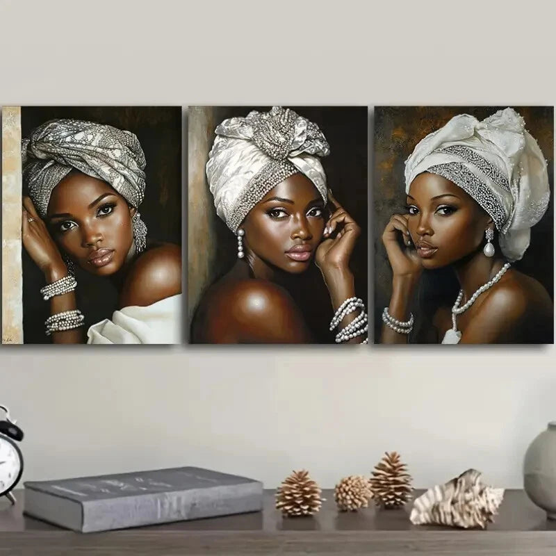 3pcs Elegant African Women Canvas Art Prints Metal Print Ready to Hang Art