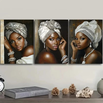 3pcs Elegant African Women Canvas Art Prints Metal Print Ready to Hang Art