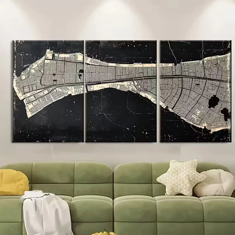 3pcs Black White Minimalist Map of London Metal Print Ready to Hang Art