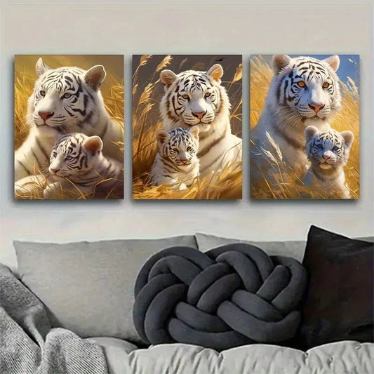 3pcs White Tiger and Cub Animal Family Theme Metal Print Ready to Hang Art