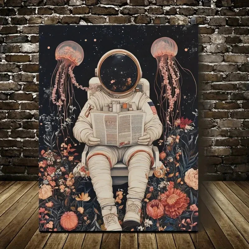 Astronaut and Jellyfish with Flowers Painting 40x60cm Metal Print Ready to Hang