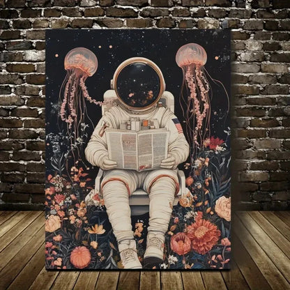 Astronaut and Jellyfish with Flowers Painting 40x60cm Metal Print Ready to Hang