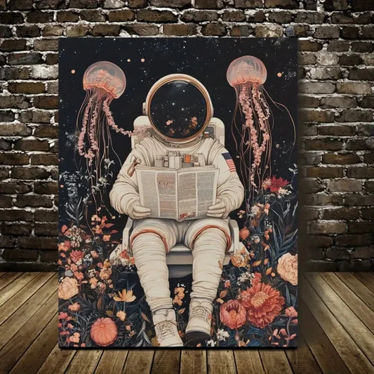 Astronaut and Jellyfish with Flowers Painting 40x60cm Metal Print Ready to Hang