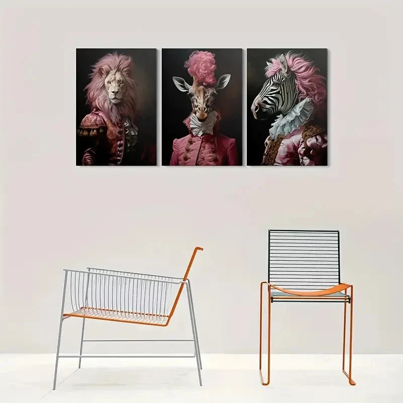3pcs Royal Animal Lion Giraffe and Zebra Metal Print Ready to Hang Art