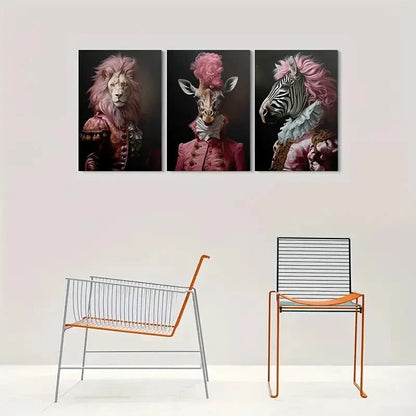 3pcs Royal Animal Lion Giraffe and Zebra Metal Print Ready to Hang Art