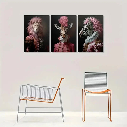 3pcs Royal Animal Lion Giraffe and Zebra Metal Print Ready to Hang Art