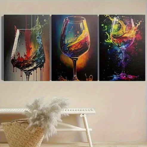 3pcs Colorful Wine Glass Prints Abstract Wall Art Canvas Unframed - High Quality Print 100% Australian Made Wall Canvas