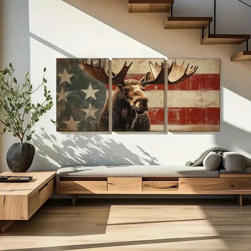 3pcs American Flag Moose Art Rustic Wildlife Metal Print Ready to Hang Art