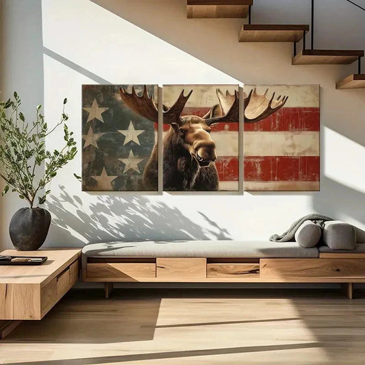 3pcs American Flag Moose Art Rustic Wildlife Metal Print Ready to Hang Art
