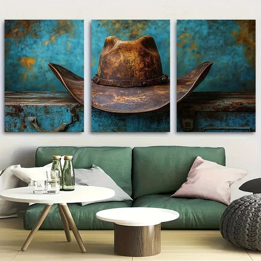 3pcs Vintage Rustic Cowboy Hat Metal Print Ready to Hang Art