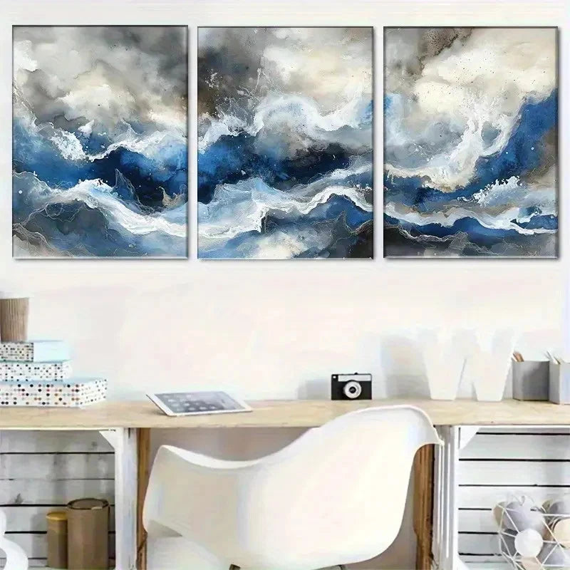 3pcs Blue and White Fluid Art Set Portrait Metal Print Ready to Hang Art