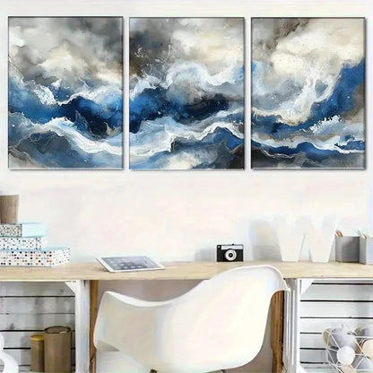 3pcs Blue and White Fluid Art Set Portrait Metal Print Ready to Hang Art