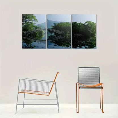 3pcs Serene Lake with Bridge Painting Metal Print Ready to Hang Art